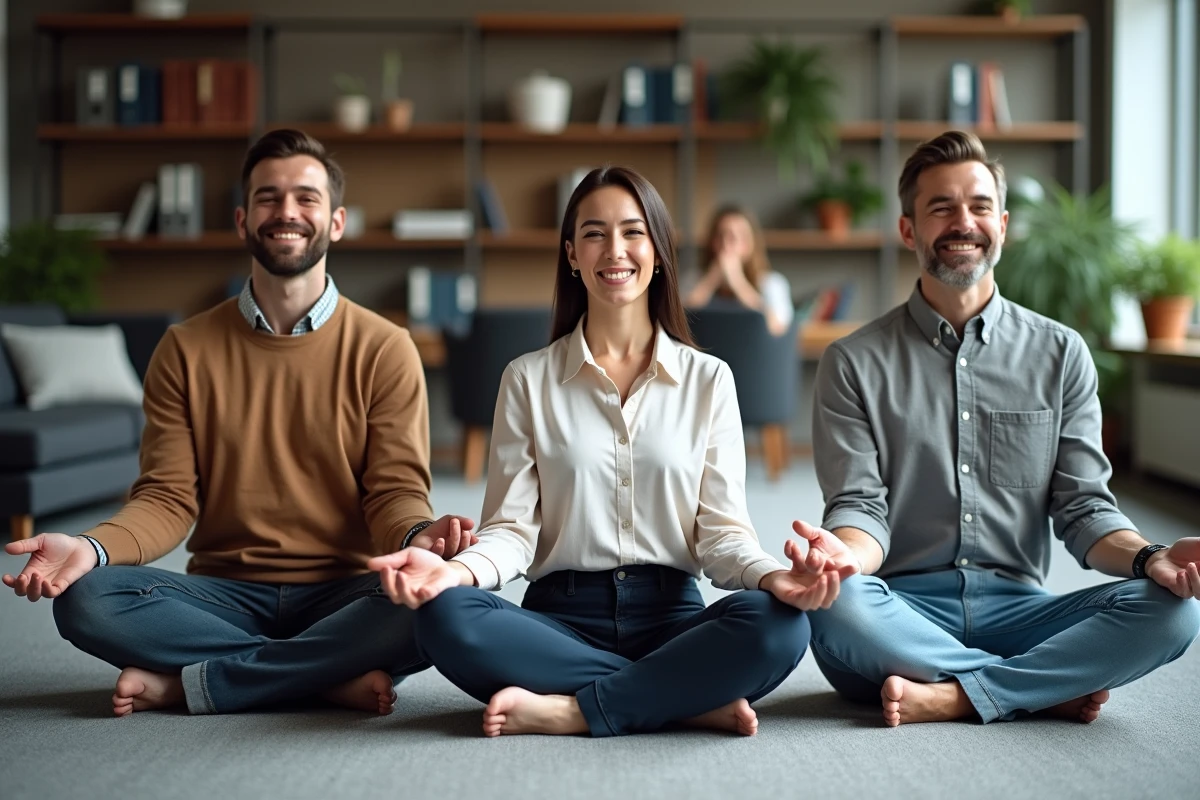 Collegues pratiquant la respiration dans un espace de travail