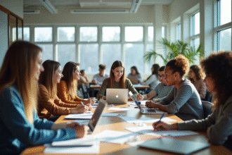 Groupe de jeunes adultes collaborant dans une salle lumineuse