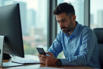 Homme d'âge moyen analysant son smartphone au bureau