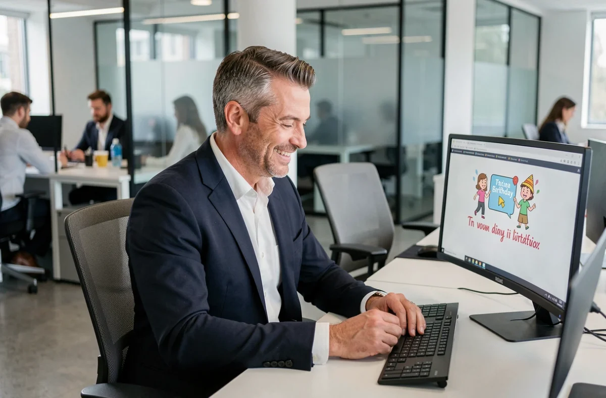 Homme de 40 ans en blazer souriant devant un écran d'ordinateur affichant un gif animé d'anniversaire dans un bureau moderne