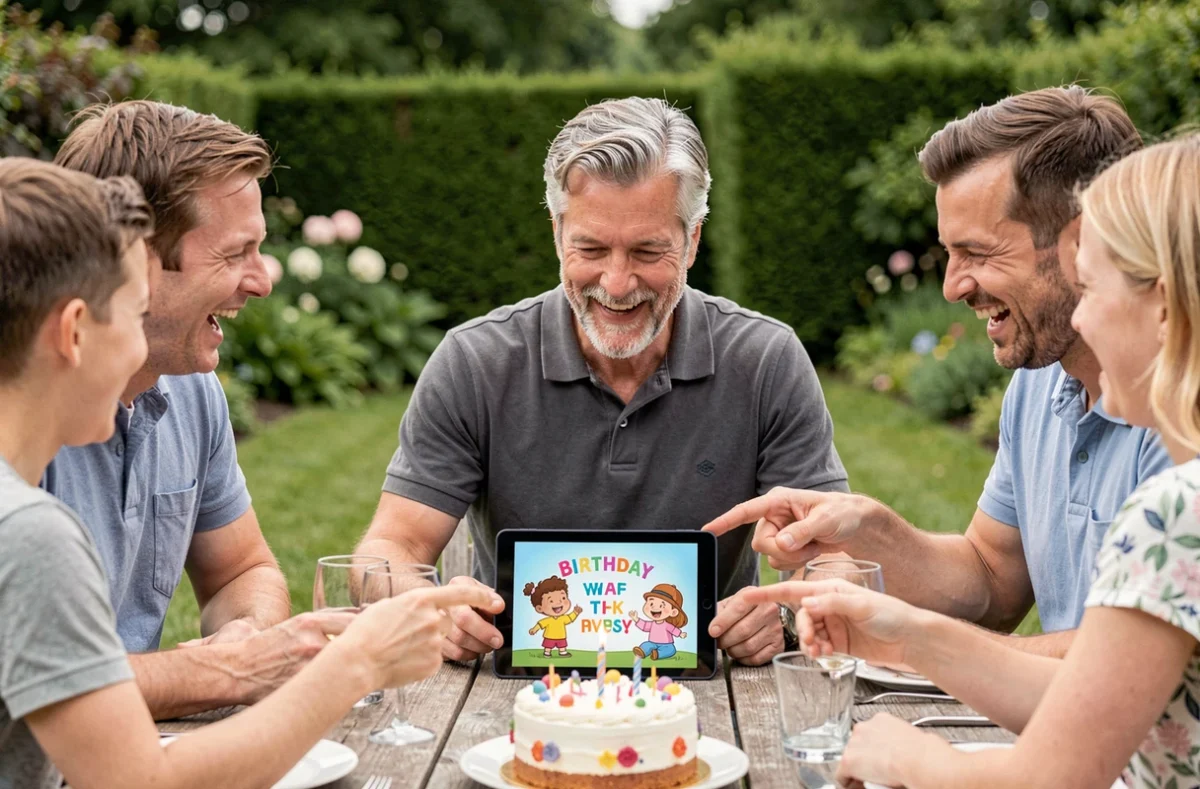 Homme de 55 ans entouré de sa famille dans un jardin regardant un gif d'anniversaire animé sur une tablette lors d'une fête