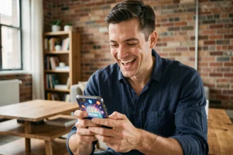 Homme d'une trentaine d'années riant en regardant un gif animé d'anniversaire sur son smartphone dans un appartement moderne