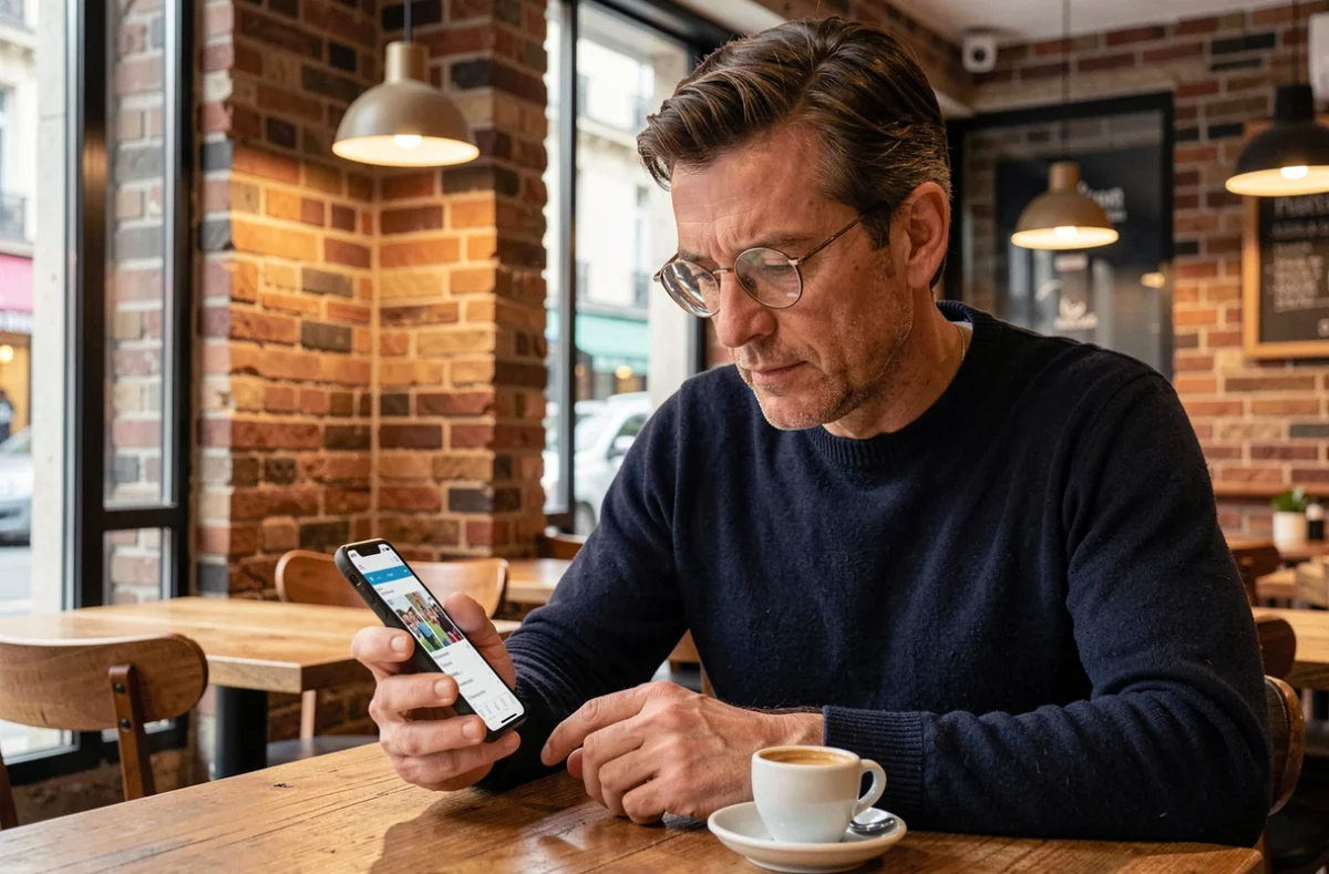 Homme consultant une application de recherche de braderies sur son smartphone dans un café parisien, tasse d'expresso sur la table