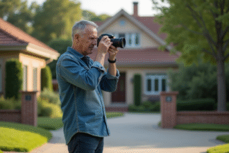 Homme d'âge moyen avec caméra dans un quartier résidentiel