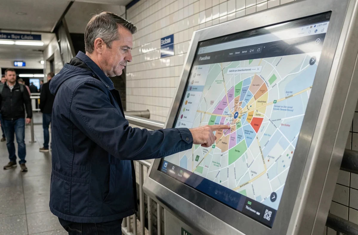 Homme utilisant une borne interactive avec plan de Paris par arrondissement dans le métro