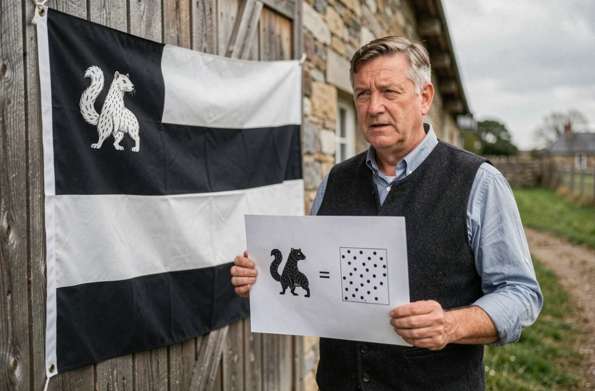 Homme breton tenant un panneau explicatif devant un drapeau Gwenn ha Du pour illustrer la différence entre les hermines héraldiques et les taches simples
