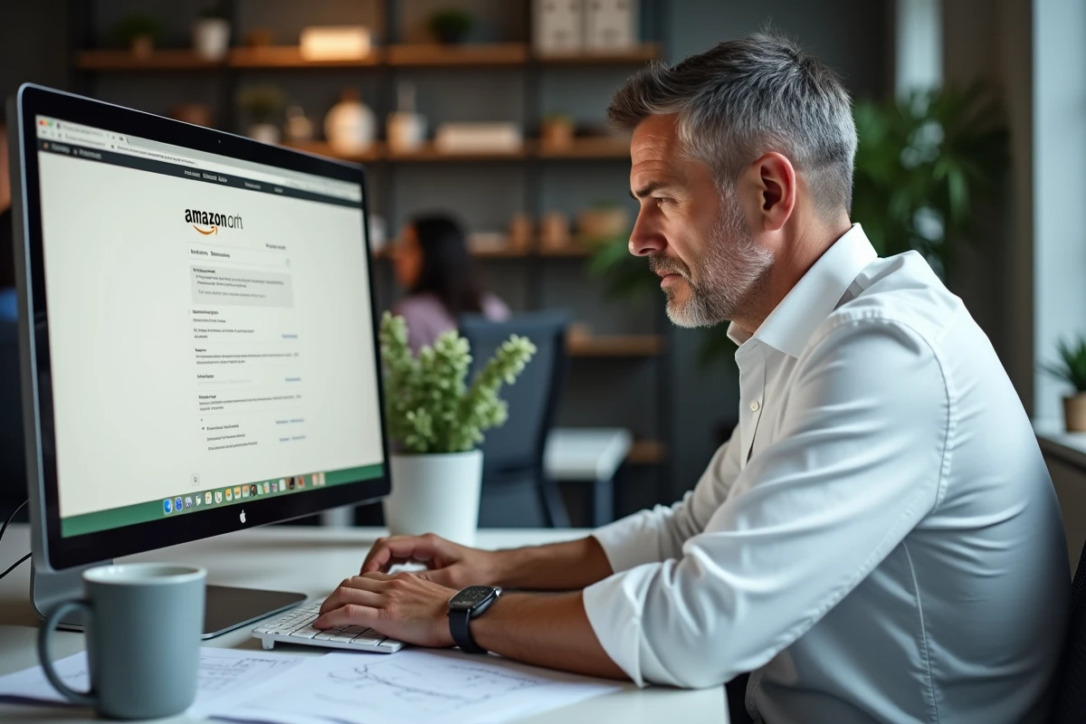 Homme au bureau consultant le service client Amazon sur son ordinateur pour signaler un problème