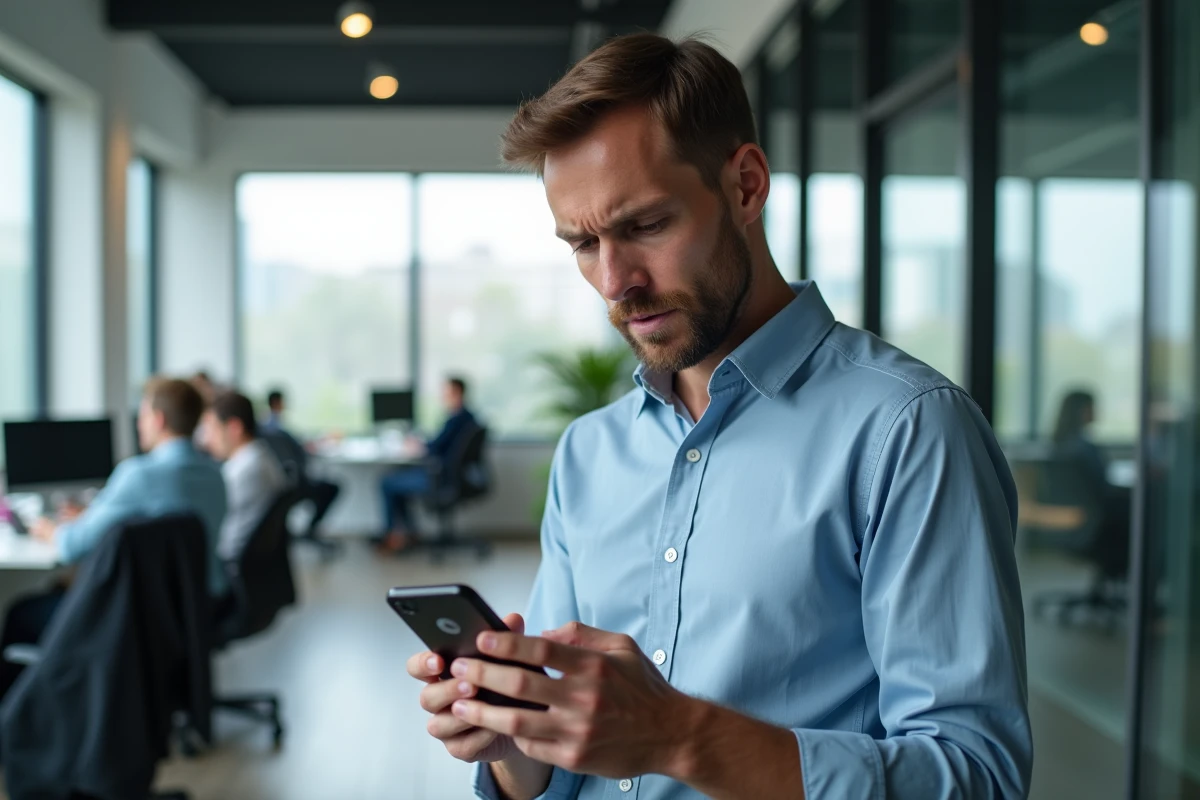 Homme en bureau vérifiant sur smartphone si un site web est en panne ou inaccessible