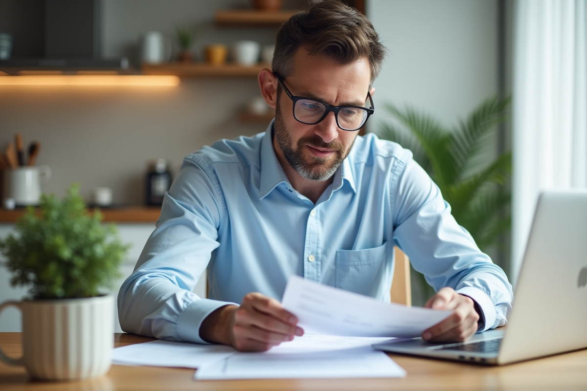 Homme comptable vérifiant des documents de paie à la maison