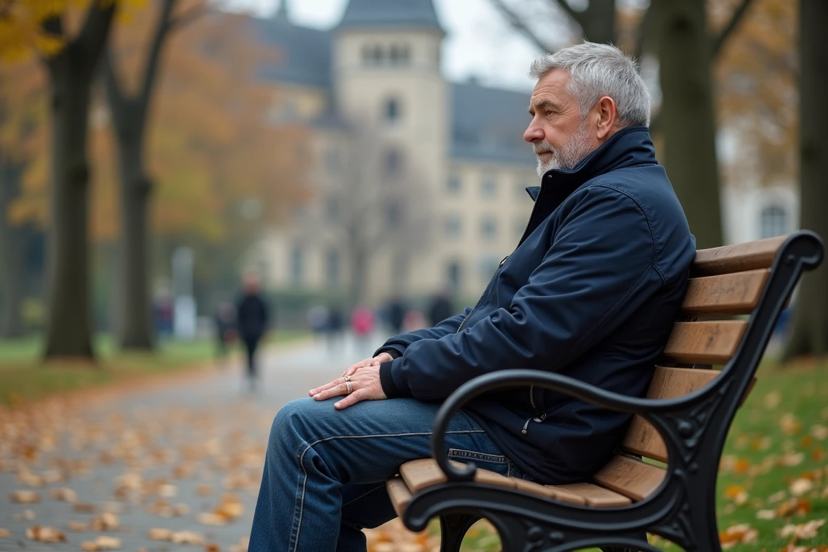 Homme d'âge moyen assis pensif dans un parc de Caen