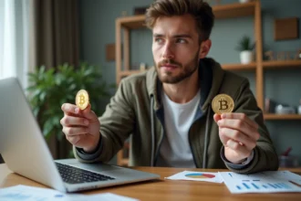 Jeune homme avec pièces de Bitcoin et Dogecoin en main