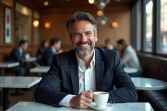 Homme élégant en blazer marine dans un café parisien, sourire détendu, ambiance feutrée et discrète