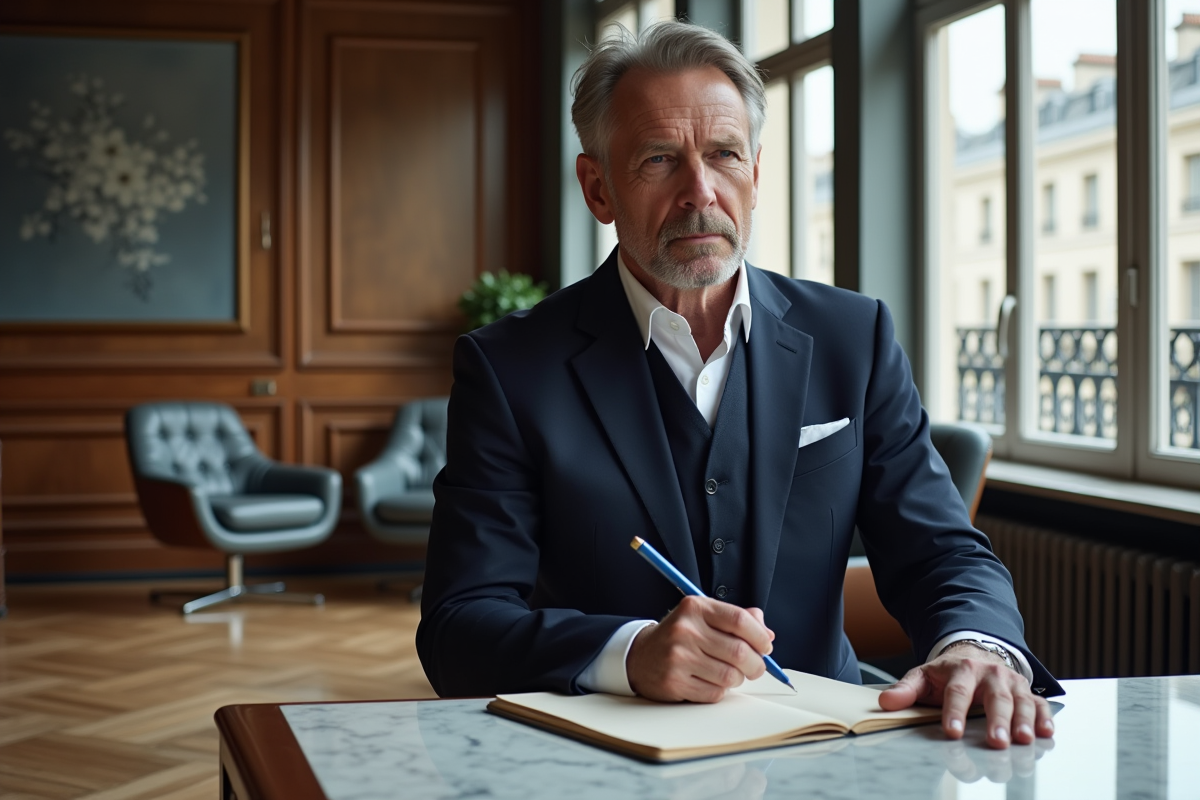 Homme parisien élégant en costume ajusté dans un bureau sophistiqué