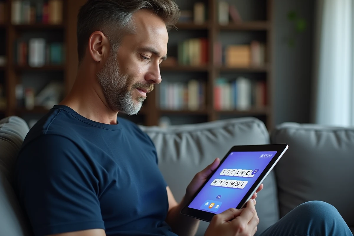 Homme résolvant une énigme journalière 4 Images 1 Mot de 9 lettres sur tablette