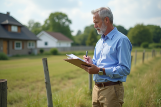 Homme d'âge moyen examinant des bornes sur un terrain