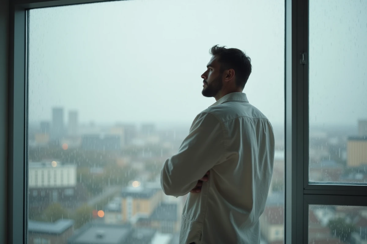Homme solitaire regardant par la fenêtre sous la pluie, représentant la distance émotionnelle et la séparation dans une relation de flammes jumelles