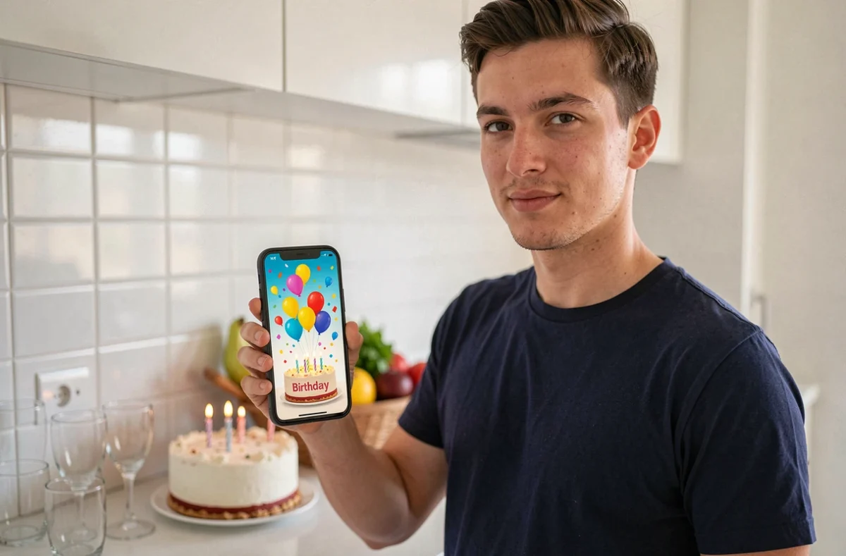 Jeune homme affichant un GIF d'anniversaire animé sur son smartphone avec un gâteau en arrière-plan