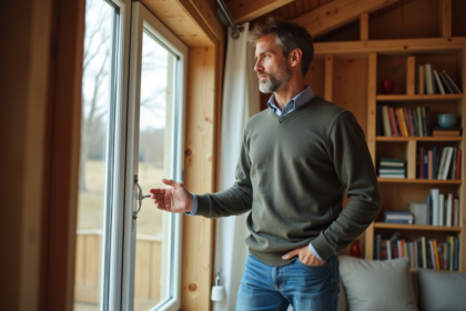 Homme vérifiant l'isolation d'une fenêtre moderne dans une maison rénovée