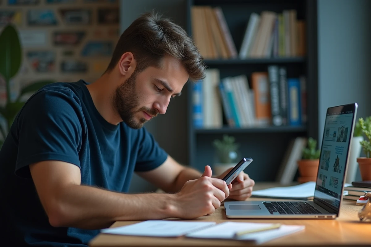 Homme consultant un site de lecture de scans sur smartphone depuis son bureau à domicile