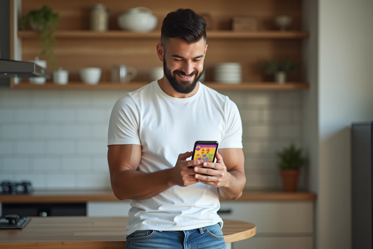Homme souriant utilisant un lien magnat Monopoly GO fiable sur son smartphone dans une cuisine