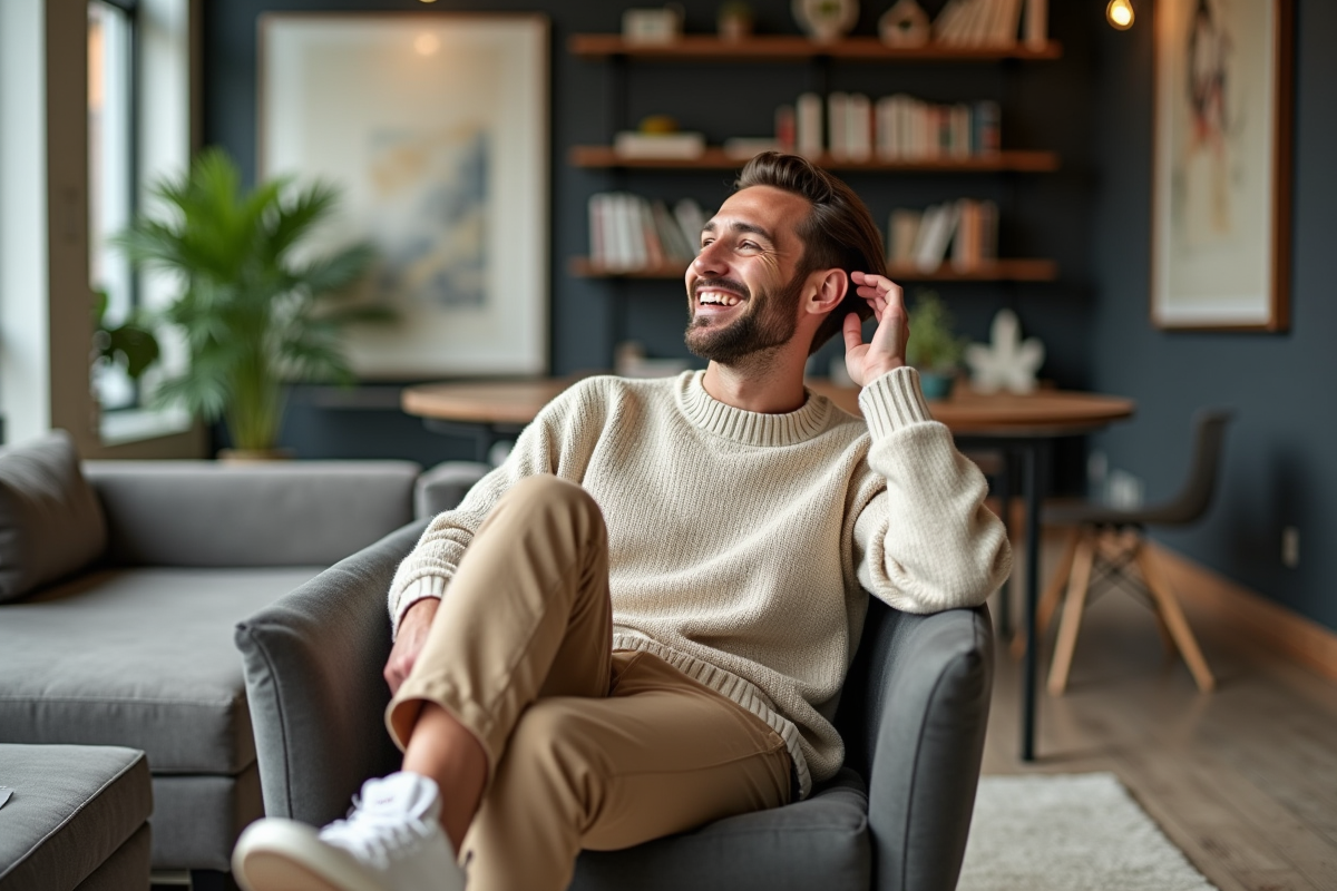Homme en loft moderne avec vêtements décontractés