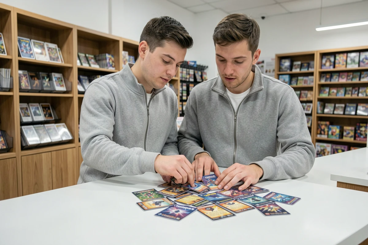 Homme en magasin de jeux comparant des boosters Pikachu ex Étincelles Déferlantes pour un guide d'achat