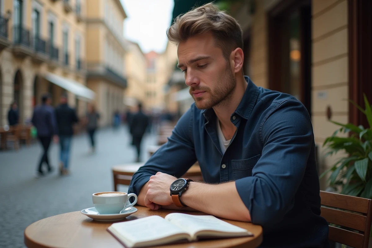 Homme regardant sa montre affichant 15h55 dans un café en terrasse, symbolisant la signification de l'heure miroir