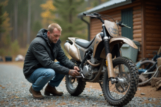 Homme vérifiant la tension de la chaîne de sa moto tout-terrain