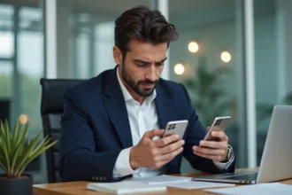 Jeune homme professionnel examine deux smartphones avec site Sorlav