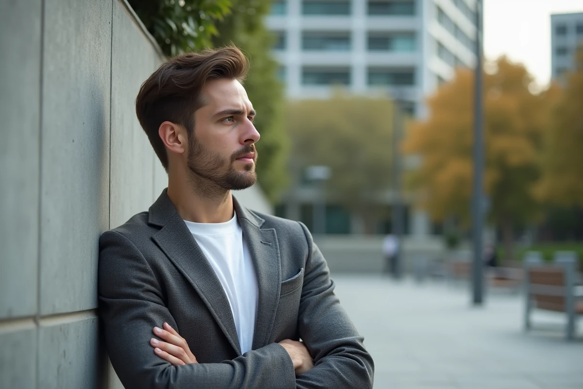Homme en veste grise dans un parc urbain calme