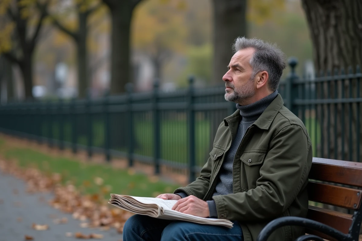 Homme pensif seul sur un banc dans un parc urbain parisien, tenue décontractée, atmosphère intime et discrète