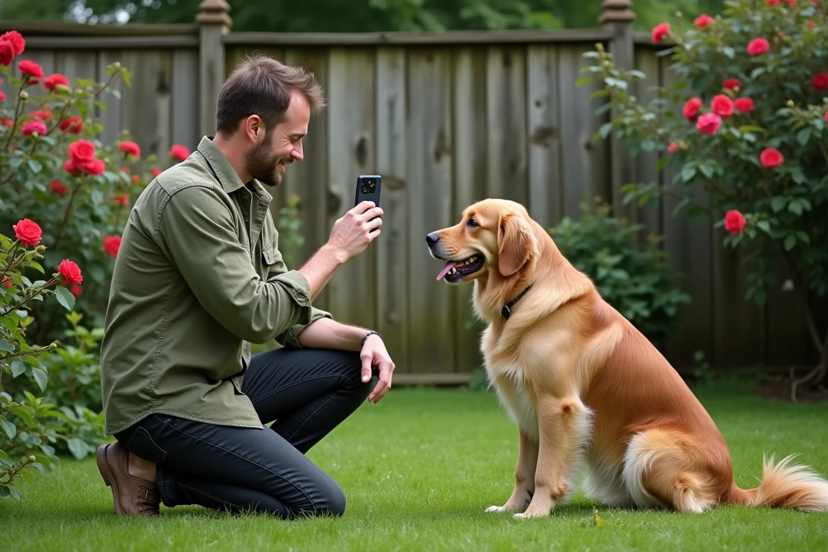Homme photographiant son golden retriever dans un jardin pour alimenter un blog animalier avec du contenu photo authentique