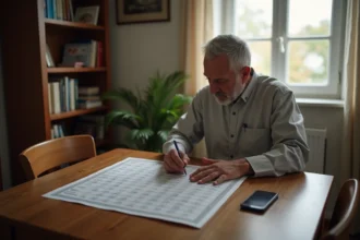 Homme méditant avec un calendrier de prières dans un intérieur
