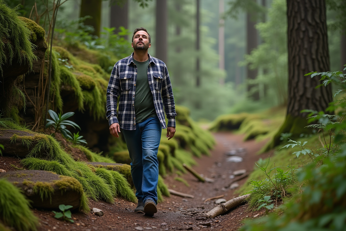 Homme en forêt respirant profondément lors d