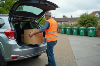 Homme en tenue de travail déchargeant des cartons au centre de recyclage