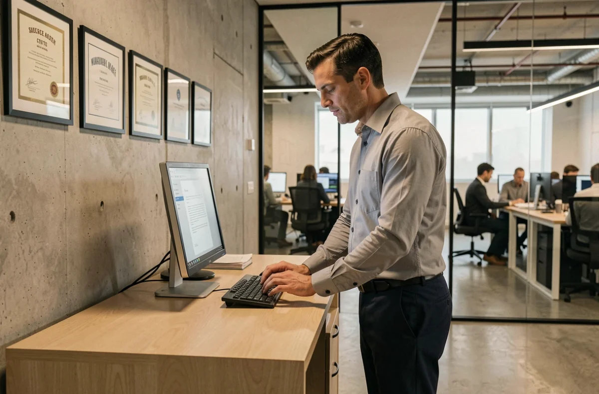 Homme en bureau open space rédigeant une lettre administrative professionnelle sur ordinateur avec formules de politesse appropriées