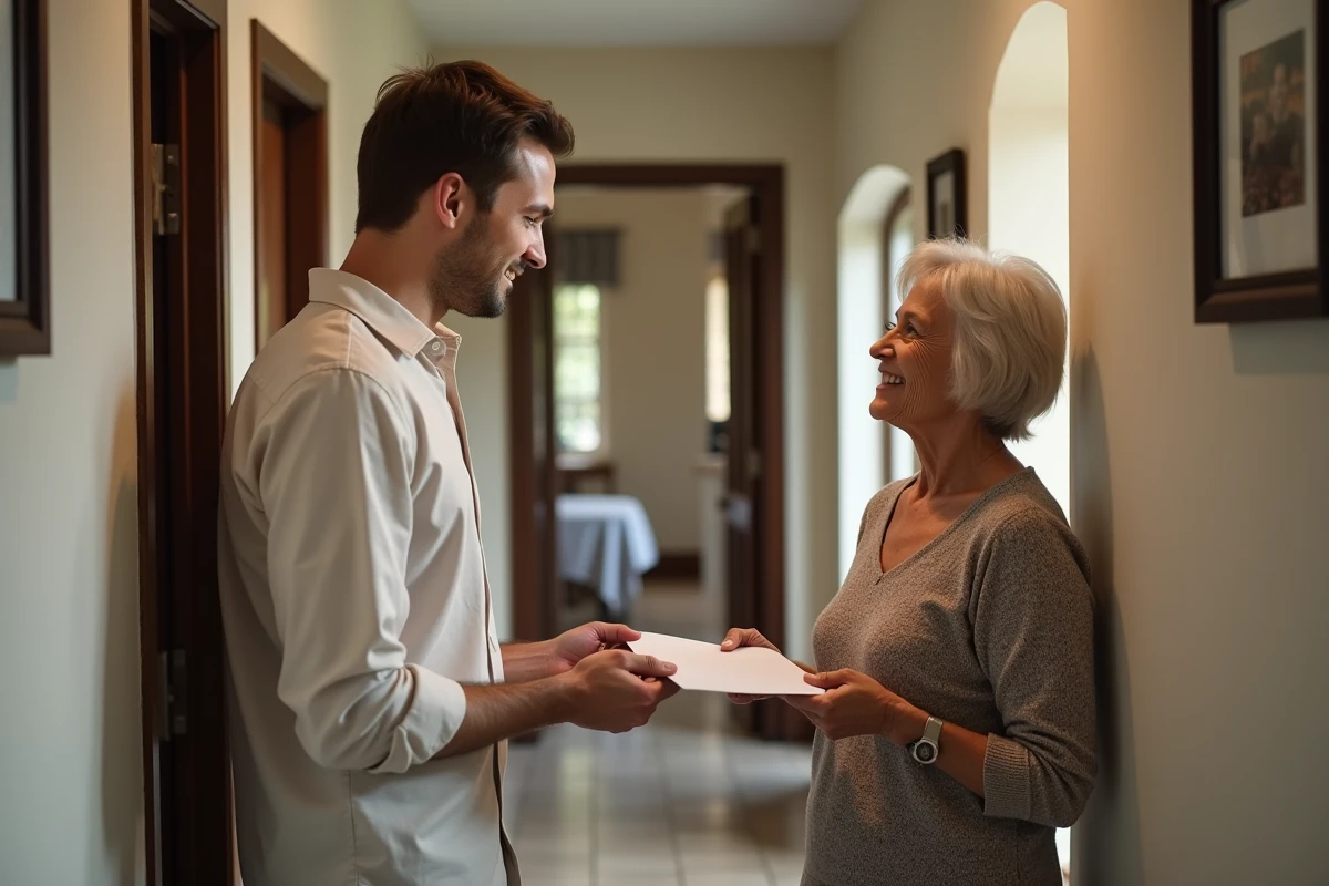 Jeune homme remettant une lettre à une femme âgée
