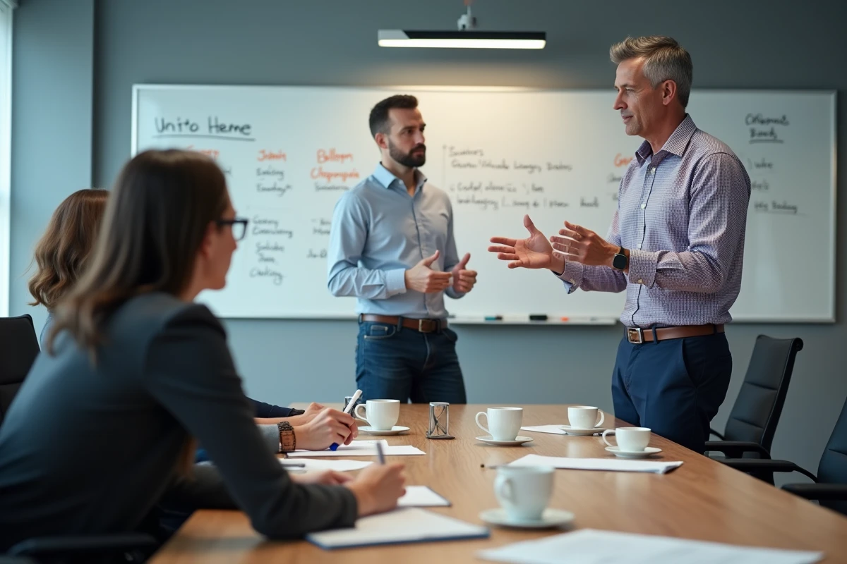 Homme en chemise à carreaux menant une réunion d