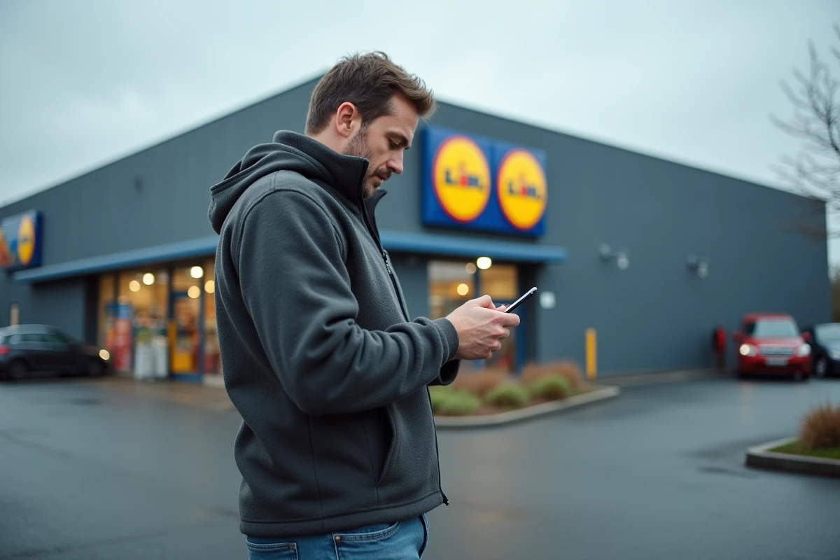 Homme consultant son smartphone devant l'entrée d'un supermarché Lidl pour trouver des produits frais locaux