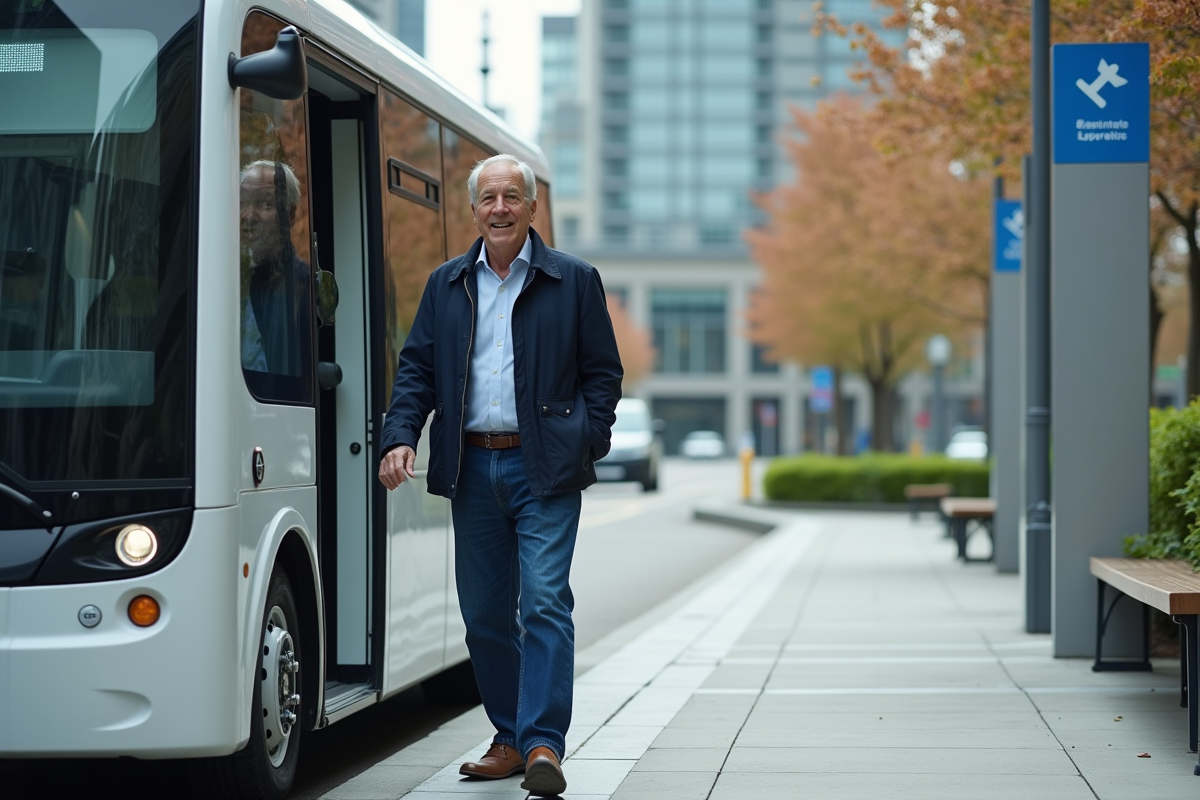 Homme souriant entrant dans un shuttle électrique autonome
