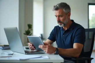 Homme d'affaires configure une tablette au bureau