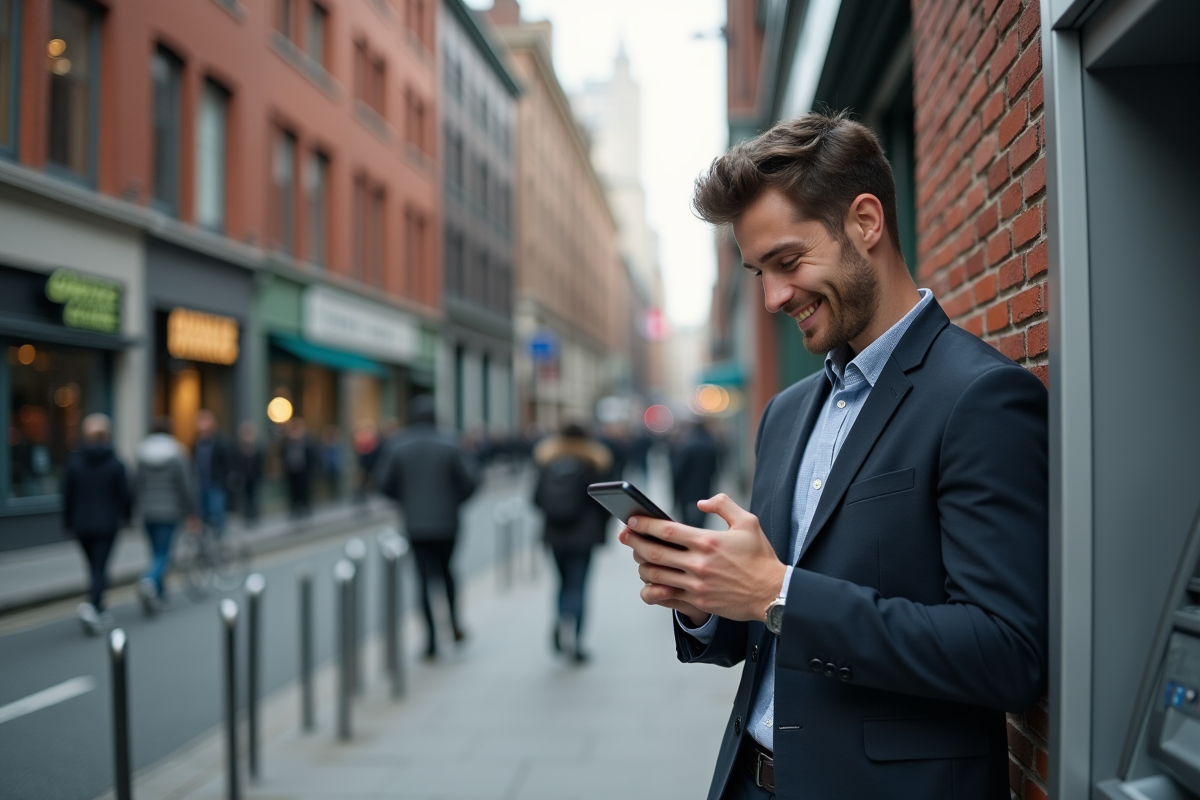 Homme utilisant une application bancaire devant un distributeur