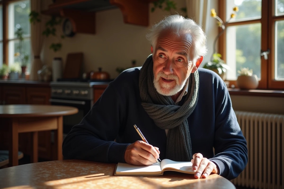 Homme âgé écrivant dans un carnet dans une cuisine chaleureuse