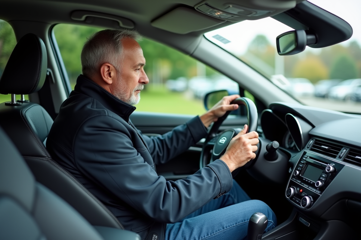 Homme d'âge moyen examinant l'odomètre d'une voiture d'occasion