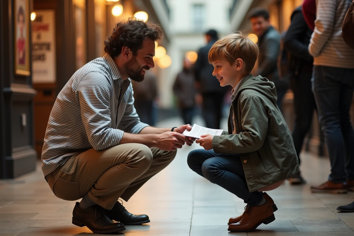 Humoriste français dédicaçant un programme à un fan adolescent dans le hall d'un théâtre après un spectacle familial