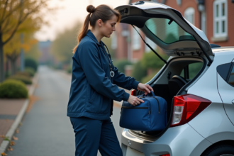 Infirmière chargeant un sac médical dans une voiture en banlieue