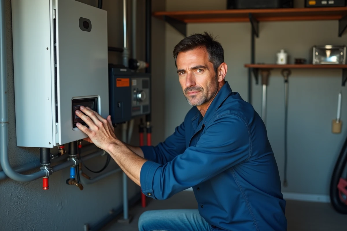Homme installant une batterie solaire dans un local technique organisé