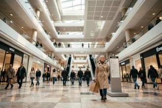 Intérieur du centre commercial de la Tour Montparnasse avec ses niveaux de boutiques et ses escalators