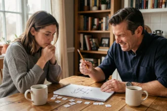 Deux adultes jouent au jeu du pendu avec des mots difficiles autour d'une table en bois, ambiance de duel amical et concentré