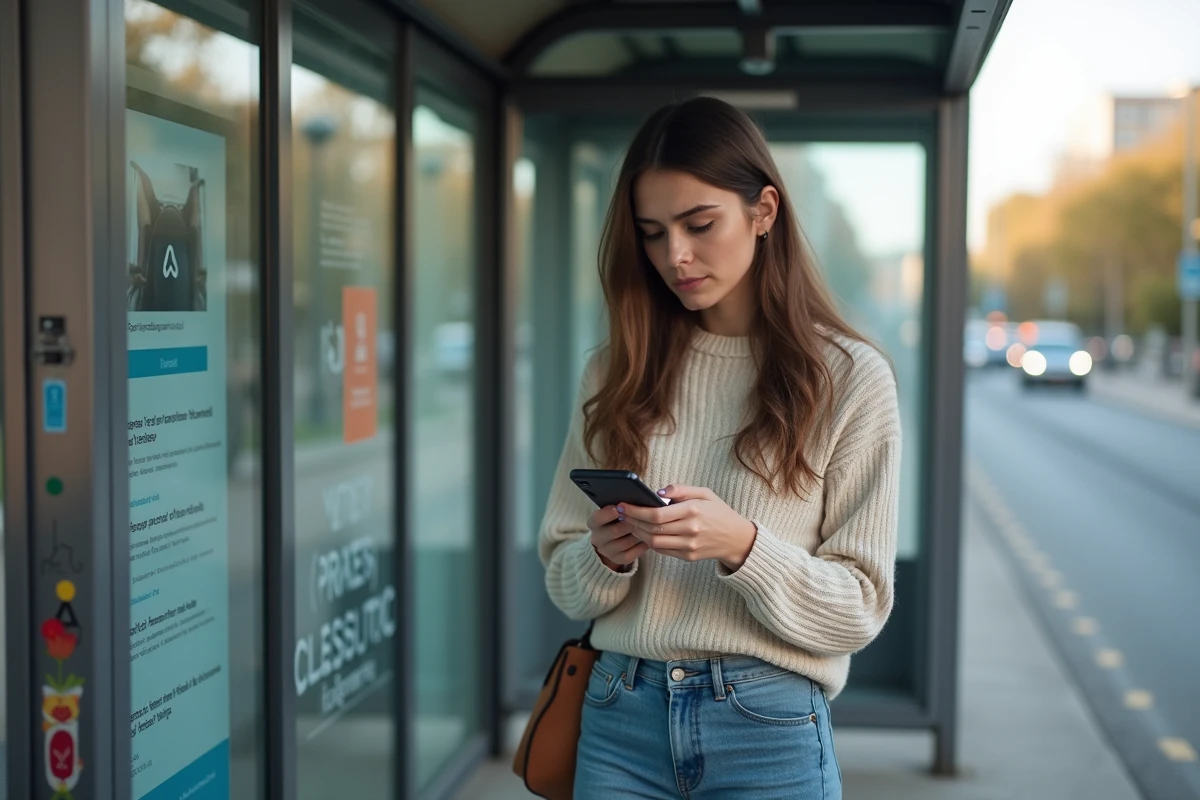 Jeune femme regardant son smartphone à un arrêt de bus urbain